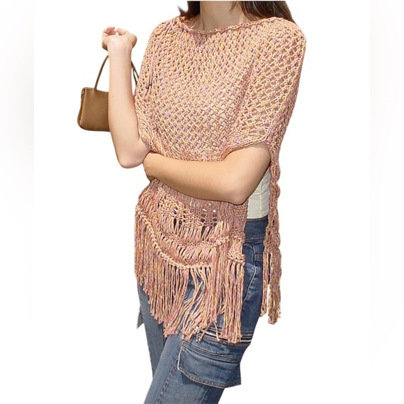 Sweaters - Pink Fringe Knit Sweater Poncho OS